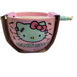 Hello Kitty Ceramic Bowl With‎ Chopsticks 20oz Halloween Frankenstein Pink NWT